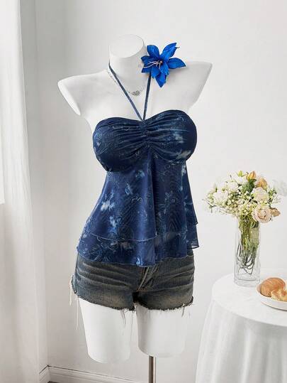 Sweetra 大码女式夏季沙滩度假扎染佩斯利印花褶皱露背吊带上衣