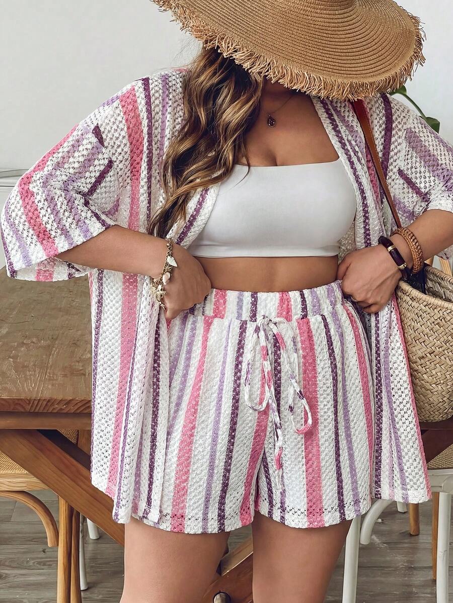 SHEIN VCAY Plus Size Women Summer Blue & White Striped Shirt And Shorts Knit 2 Pieces Set - Multicolor - View 1