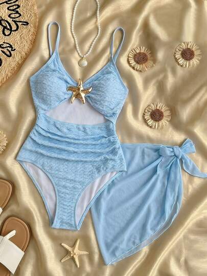 SHEIN 少女款金属质感海星装饰连体泳衣，带围裙