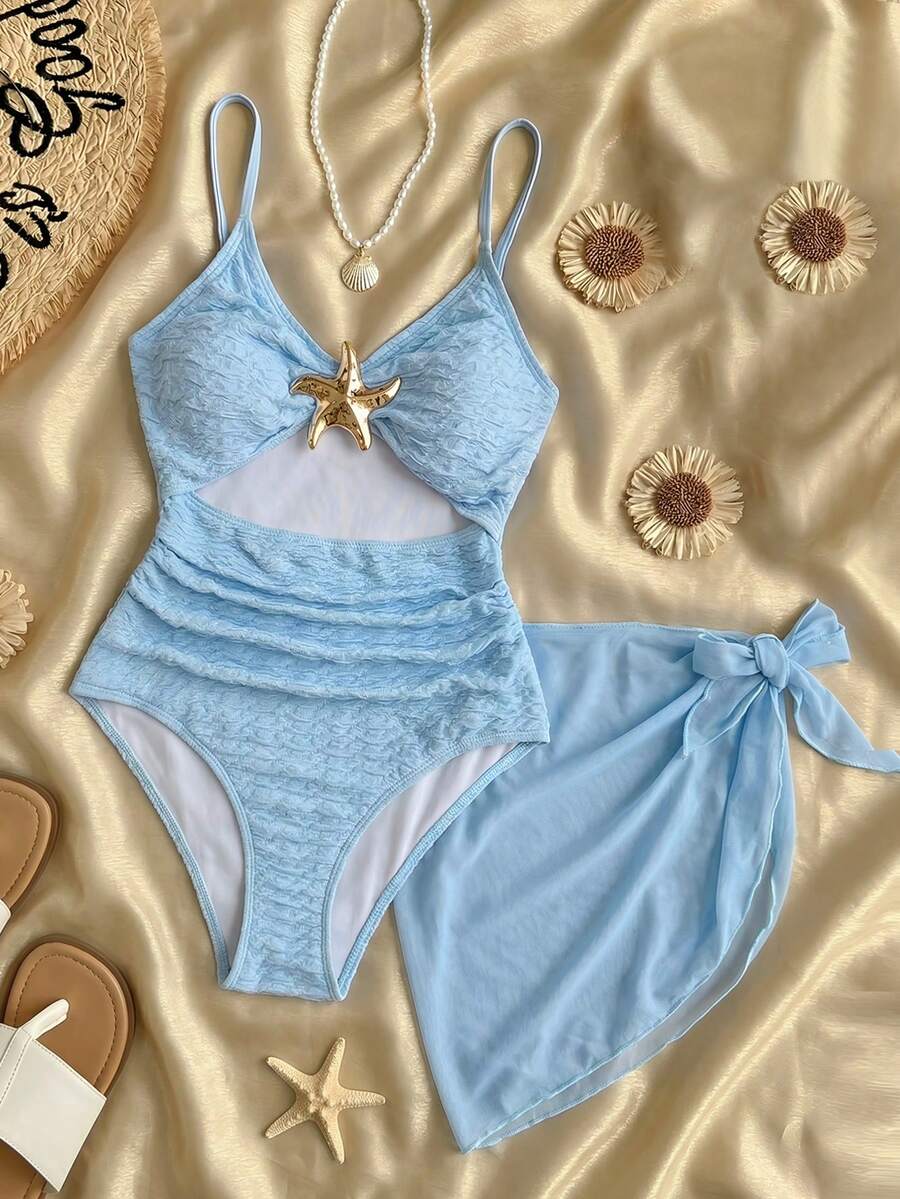 SHEIN 少女款金属质感海星装饰连体泳衣，带围裙 - 淺藍色 - 查看 1
