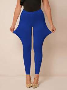 SHEIN PETITE CURVE 女士纯色弹力腰休闲打底裤 - 藍色 - 查看 4
