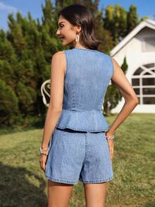 Breezaya Ensemble femme top sans manches élégant avec nœud et short en jean rayé super court - Jean bleu - Voir 2