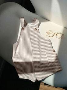 SHEIN Newborn Baby Boy/Girl Cute Striped Pattern Romper, Versatile For Spring/Summer Indoor, Outdoor, Daily, Sports, Play, Party, Photo Shoot, Holiday - Khaki - View 5