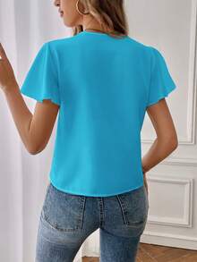 SHEIN Essnce Atasan Wanita Kasual untuk Berpergian Sehari-hari, Warna Polos Sederhana, Kerah Berlekuk, Lengan Bergelombang, Longgar, Musim Panas, Atasan Musim Panas - Biru - View 2