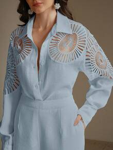 Anewsta 1 Set Front Button Hollow Long Sleeve Top And Slant Pocket Long Pants, Solid Color - Blue - View 3