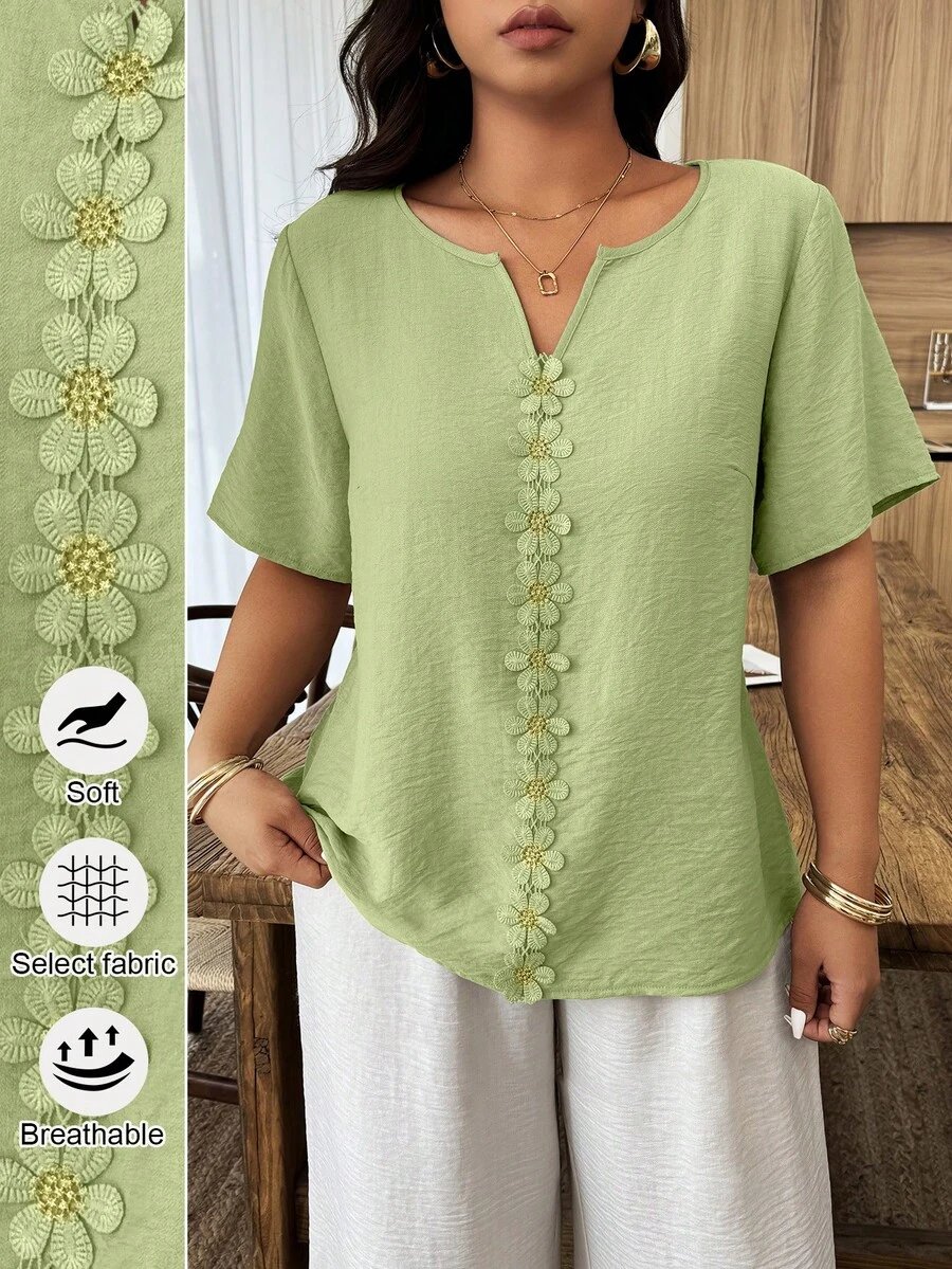 Weeklong Plus Size Women's Spring/Summer Vacation Floral Patchwork Ruffle Trim Loose Short Sleeve Top - Green - View 1