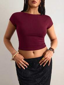 Freevana Plus Size Women Solid Color Ruched Casual Versatile Daily T-Shirt Summer Holiday Boho Style Hippie Country Island Vacation Formal Burgundy - Burgundy - View 3