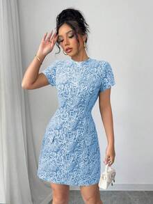 Elenzga 优雅法式提花面料翻边装饰女士短裙 - 藍色 - 查看 3