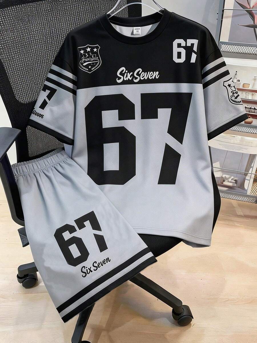 SHEIN 2件套青少年男童休闲经典酷炫棒球运动风套装,67号,星形印花短袖圆领T恤和短裤套装,适合春夏季节日常穿着、运动、郊游、上学、聚会、节日、拍照等场合。 - 彩色 - 查看 1