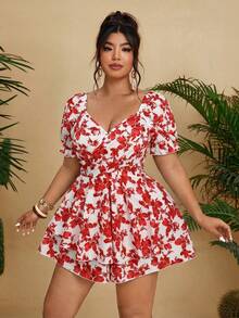 Vionelle Plus Size Women Vacation Blue Floral Print Short Sleeve Romper - Red - View 6