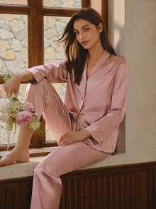 Bisouelle Bộ đồ ngủ satin cổ khăn choàng, trang phục thu đông - Bụi tím - Xem 1