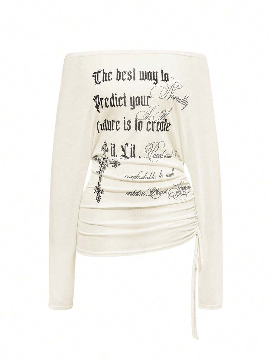 ROMWE Avant Blusa transparente de manga larga con hombros descubiertos, estampado de letra cruzada, estilo retro Y2K, romántico y punk para mujer - Albaricoque - Ver 1