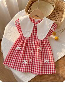 Đầm đỏ kẻ caro dễ thương tay cánh hoa cổ nơ cho bé gái, thích hợp mặc mùa hè. - Đỏ - Xem 2