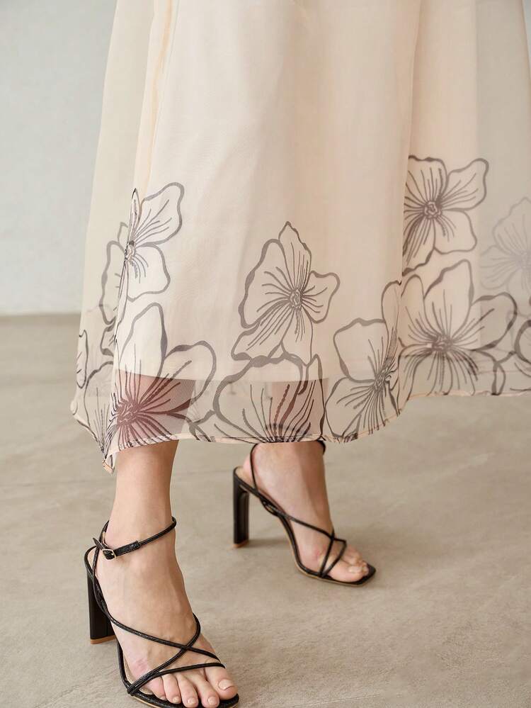 SUMMER NEW FRENCH ELEGANT HIGH WAIST CONCEALED BELLY SLIMMING APRICOT PRINTED LONG SKIRT, DESIGN