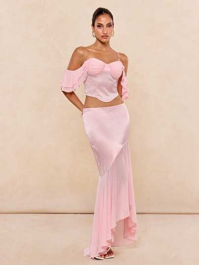 Lumalex Set de 2 piese, elegant, romantic, din satin roz, cu model patchwork, din plasă, fără bretele, pentru femei, cu fustă asimetrică și tiv mulat