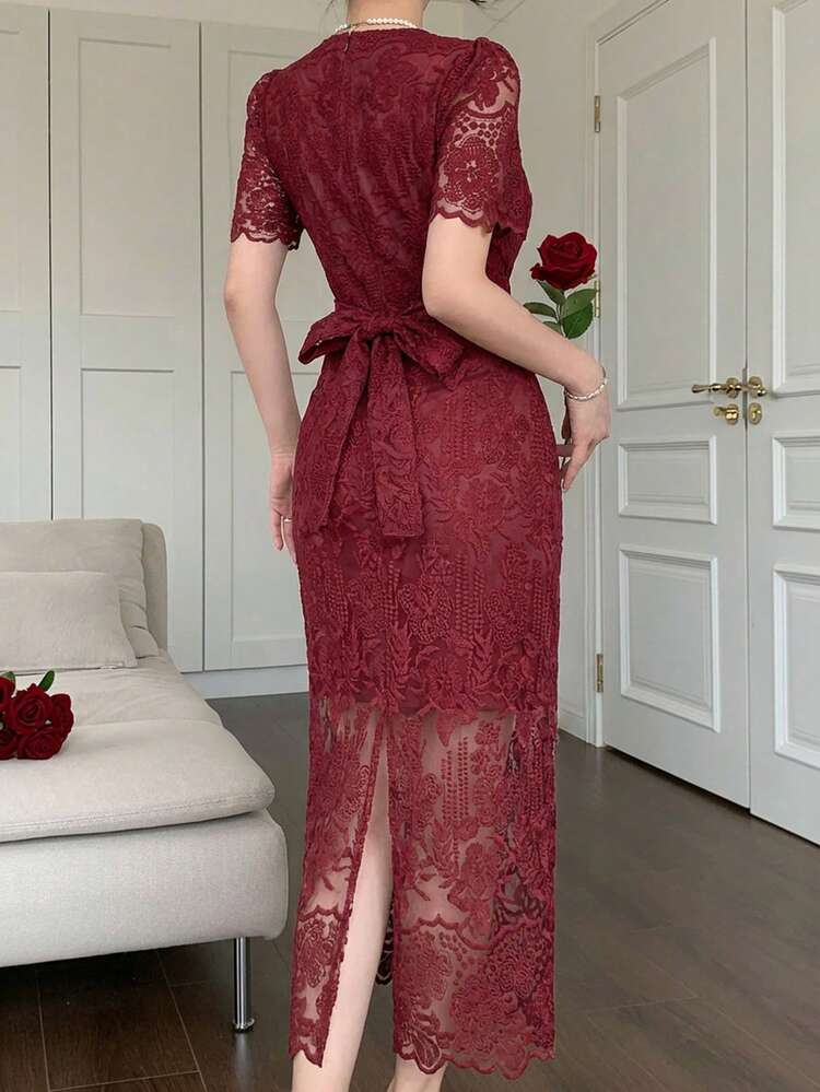 Elegant Lace Round Neck Petal Sleeve Midi Dress For Women, Summer