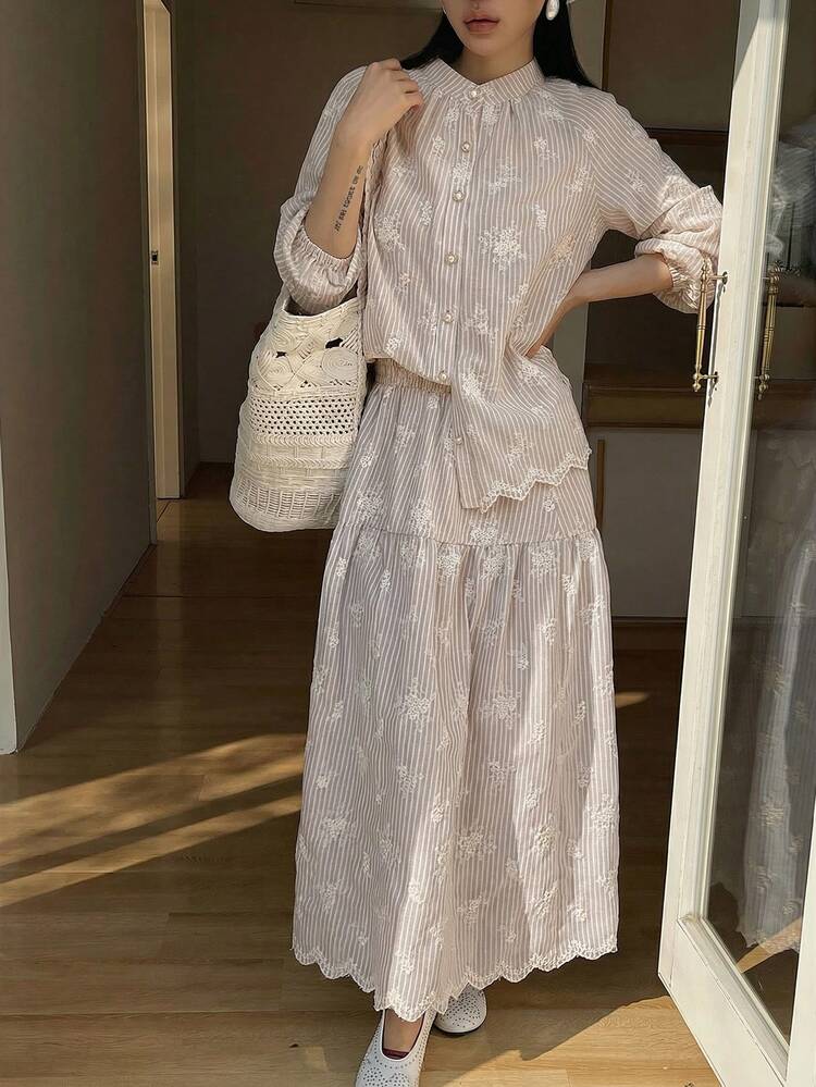 Women's Casual Striped Floral Embroidered Collared Shirt And A-Line Skirt 2-Piece Set, Spring/Summer