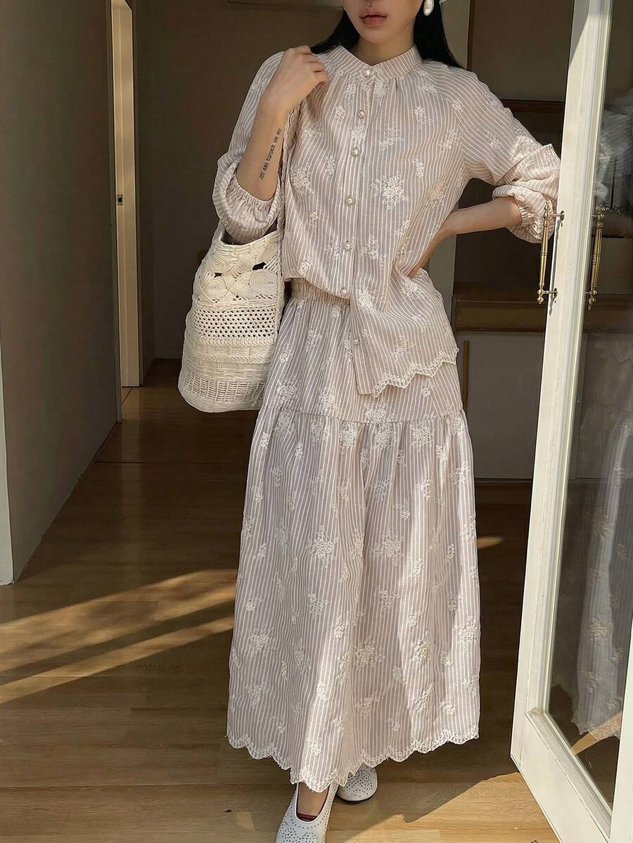 DAZY 女士休闲条纹花卉刺绣翻领衬衫和A字裙两件套,春夏女士家居服套装 - 咖啡棕 - 查看 1