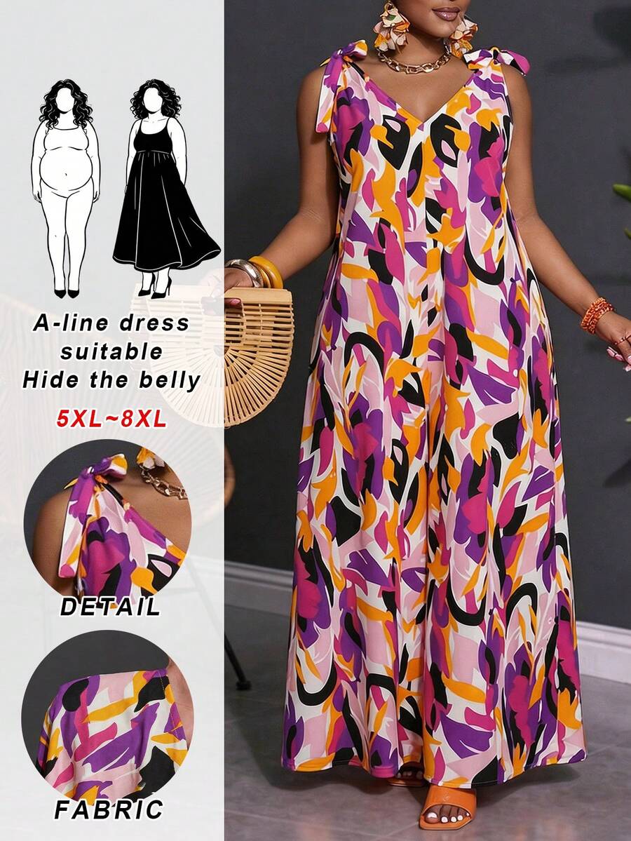 SHEIN CURVE+ Bộ jumpsuit không tay cổ chữ V in họa tiết toàn thân, cỡ US22, phong cách bohemian, thích hợp cho lễ hội âm nhạc và kỳ nghỉ bên bờ biển. - Nhiều màu - Xem 1