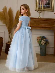 Girls' Luxury Niche High-End Hostess Birthday Performance Dress, Piano Recital Runway Princess Gown, Elegant Tulle Maxi Dress Girls Blue Elegant Dress Girls Lace And Tulle Dress Girls Formal Blue Dress Girls Formal Dress Kids Wedding Guest Dress Blue Party Dress Party Dresses For Girls Elegant Dresses For Girls Tulle Dress For Girl Gowns For Girls Lace Dress For Girl Blue Party Dress For Girl Girls Party Dress Formal Dresses For Girls Girls Bow Dress Girls Blue Formal Dress - Blue - View 2