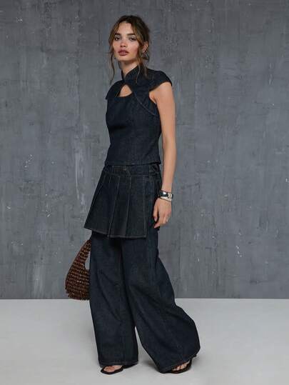 COUREZ Chân váy denim xếp ly mặc ngoài quần jeans ống rộng màu denim wash / Trang phục mùa xuân Y2K cho nữ, quần jeans đen, trang phục đi chơi, trang phục lễ hội, trang phục đi xem hòa nhạc, trang phục mùa hè cho nữ, quần jeans mùa hè