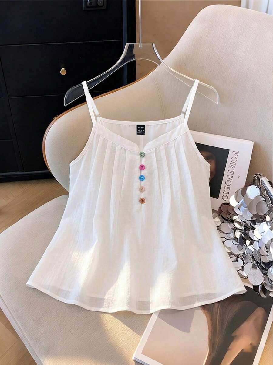 Franclia Women's White Summer Tops Elegant Solid Color Pleated Collar Colorful Button Decor Sleeveless Tank Top White Summer Tops - White - View 1