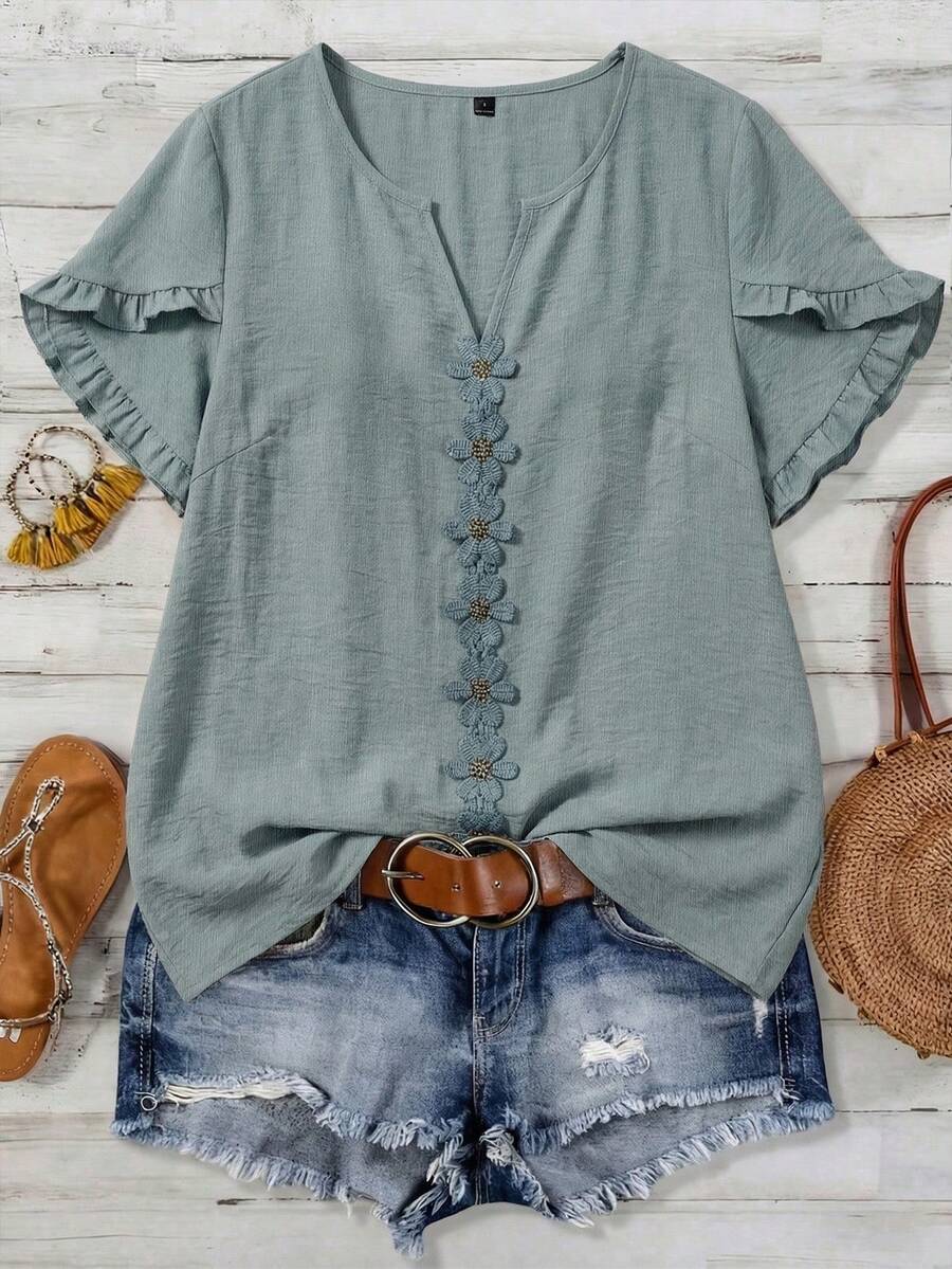 EMERY ROSE Women Woven Ruffle Sleeve V-Neck Blouse,Casual Summer Boho Holiday Vacation Dusty Blue Zoey Top,Resort Business Casual Tops For Women Holiday Outfit