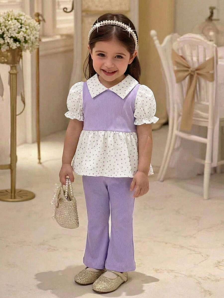 SHEIN Playful Pals Bộ đồ 2 mảnh cho bé gái, được làm từ chất liệu cao cấp và họa tiết chấm bi ngộ nghĩnh, mang đến phong cách tối giản thời trang. Áo tay phồng cổ bèo kết hợp với quần ống loe. Thích hợp cho các hoạt động ngoài trời, mặc nhà thoải mái, thể thao và các bữa tiệc sang trọng, giúp công chúa nhỏ của bạn tỏa sáng trong mọi dịp.