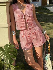 VCAY Set de 2 piezas de top sin mangas con nudo delantero y estampado de rayas y shorts, conjunto informal de verano para mujer - Rojo y blanco - Ver 5
