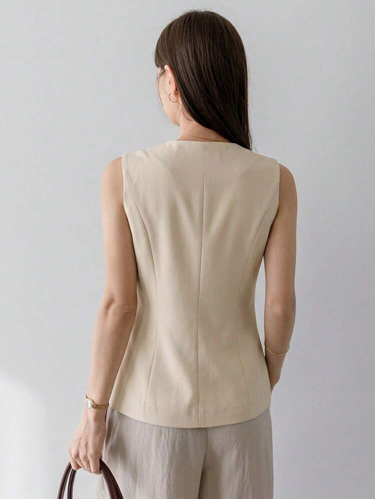 Solid Color Fitted V-Neck Sleeveless Thin Vest Jacket, Elegant & Formal Summer Wear For Women