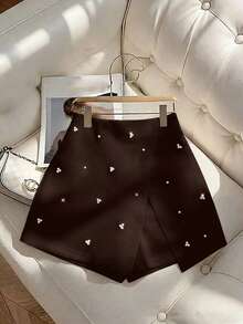 Franclia 女士俏皮时尚仿珍珠装饰不对称二合一裙裤，适合度假、派对、约会和办公穿着 - 棕色 - 查看 1