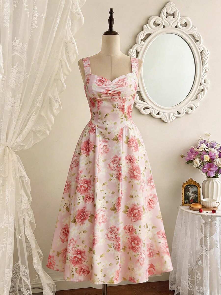 Vintamour Vintage Classic Elegant Women's Dress, Spring/Summer Fitted Floral Print Dress, Suspender Dress, Pink Umbrella Hem Dress,Pink Dress - Pink - View 1