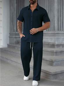 Manfinity Homme Conjunto de 2 piezas de camisa y pantalones de unicolor casual para hombres de talla grande, para verano - Azul Marino - Ver 6