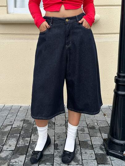 Dazy Plus Quần jeans lửng ống đứng màu xanh đậm, chất liệu denim mài, kiểu dáng thoải mái dành cho nữ, cỡ lớn, phong cách cao bồi miền Tây đa năng, thích hợp cho mùa xuân/hè.