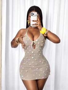 SHEIN BamGlam Đầm slip đính sequin cổ chữ V sâu dành cho nữ, thanh lịch và gợi cảm, thích hợp cho kỳ nghỉ hè, kiểu dáng thường ngày. - Màu be - Xem 5