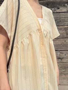 FRIFUL 女士条纹睡袍，休闲度假风长裙 - 黃色 - 查看 5