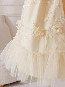 Glamorique Kids Đầm dự tiệc sinh nhật thanh lịch cho bé gái, cổ yếm, tay bồng, họa tiết hoa và nơ lớn. - Màu be - Xem 8