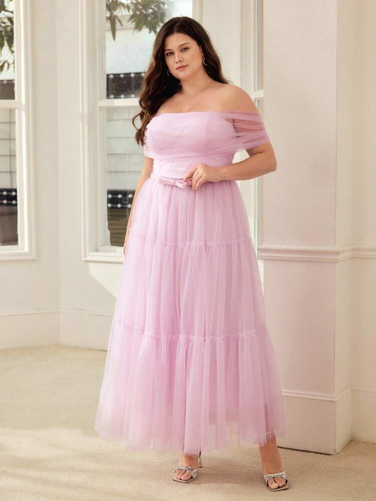 PLUS SIZE WOMEN'S PINK MESH OFF THE SHOULDER FORMAL DRESS, SPRING/SUMMER