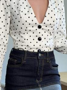 Abrilcols 女士优雅通勤波点印花西装外套，秋季必备，适合所有女性，秋季百搭，时尚百搭，返校季教师必备，深V领修身西装外套，配有独立系带，优雅简约，浪漫迷人，适合通勤或约会，黑白波点图案 - 白色 - 查看 3