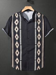 Manfinity CasualCool 男士印花单排扣休闲短袖衬衫 男士时尚衬衫 男装 男士衬衫 - 彩色 - 查看 3