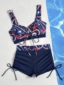 Swim Lushoire Conjunto de bikini con estampado de conchas multicolor y cordón frontal, adecuado para la playa y el resort - Multicolor - Ver 4