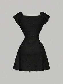Skyraze Women's Solid Color Front Tie Ruffle Sleeve Fashionable Mini Dress - Black - View 4