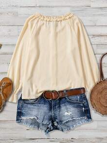 SHEIN VCAY Plus Size Women's Solid Color Frill Trim Long Sleeve Blouse Plus Size Boho Tops - Apricot - View 2