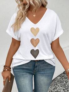 EMERY ROSE Women's V-Neck Turnover Cuff, Ombre Heart Print Casual Versatile T-Shirt, Spring/Summer - White - View 3
