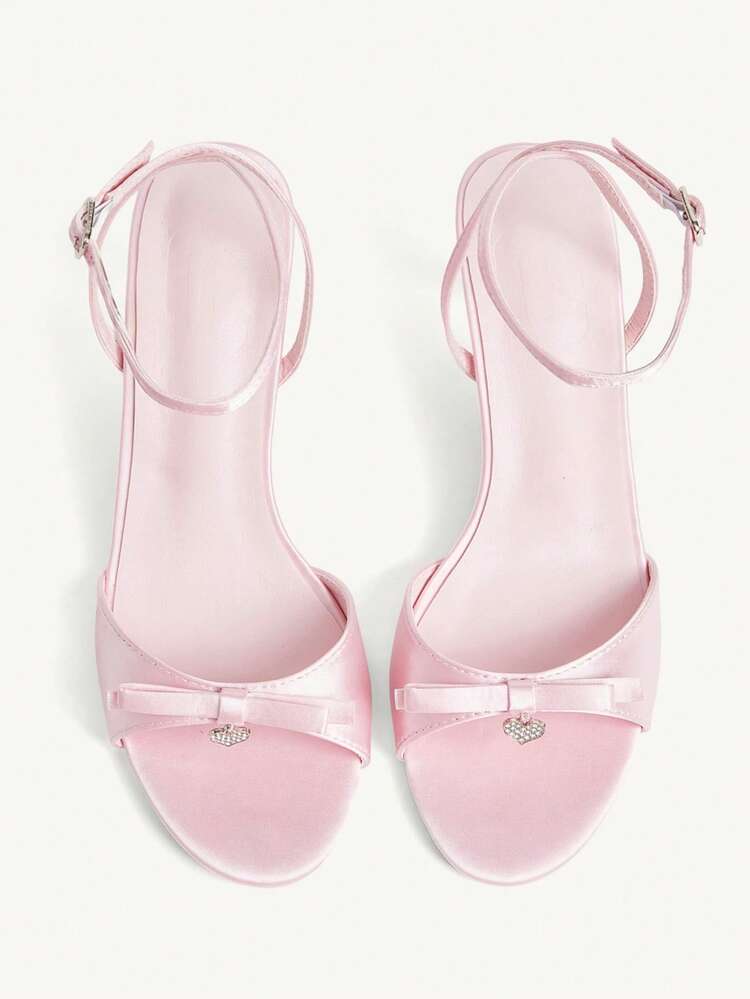CUCCOO CHICEST Women Shoes Pink Satin Satin Bow Heart Buckle Decoration Word, Ankle Strap Fashion Elegance Spring And Summer Wedding Round Toe High Heel Sandals