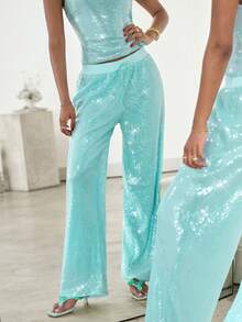SHEIN ICON Quần ống rộng dáng suông màu trơn đính sequin, thích hợp cho nữ, phong cách thường ngày, dự tiệc. - Màu xanh nước - Xem 3