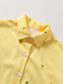 1pc Tween GirlsTurndown Collar Long Sleeve Cardigan Striped Shirt With Embroidered Pattern, Casual Blouse For Autumn - Yellow - View 3