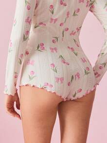 Bonmuse Women's Long Sleeve Tulip Pattern Jacquard Knit Romper Pajamas, For Fall, Winter - White - View 9