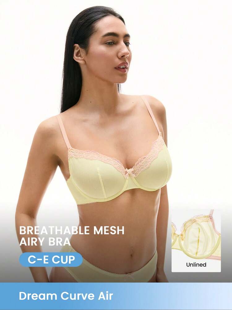Traum Kurve Luft Ungepolsterter atmungsaktiver Minimizer Gelb transparentes Mesh & Spitzenbesatz Damen BH