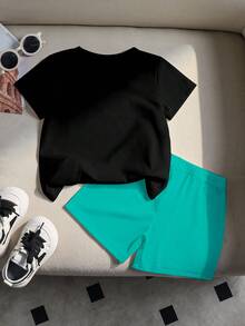 1 Set Baby Boys' Casual Minimalist Letter Print Round Neck Short Sleeve T-Shirt And Matching Shorts Set, Spring To Summer Outfits - Multicolor - View 2